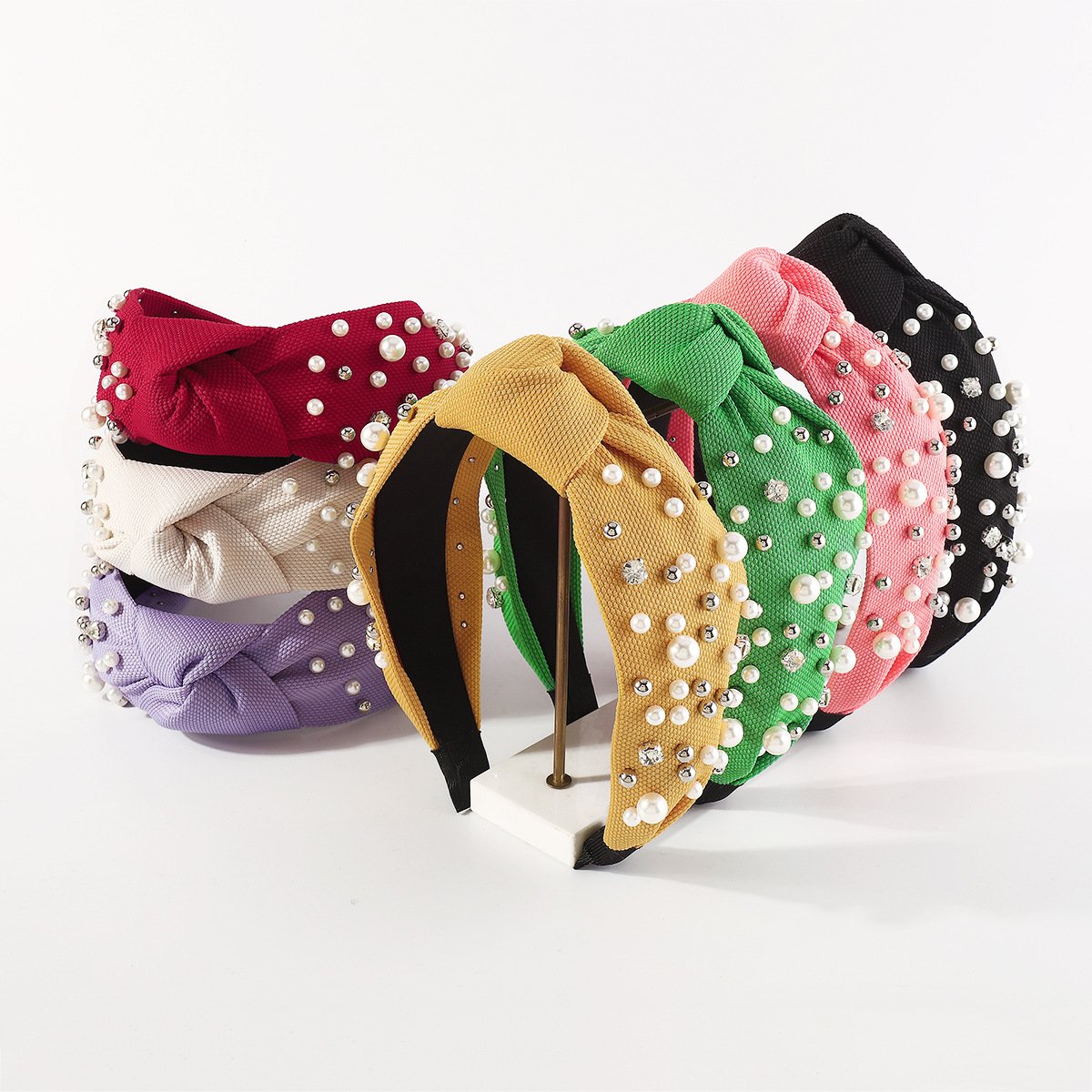 F57 creative waffle knotted pure color pearl rhinestone headband baroque net red nail beads wide-brimmed headband female