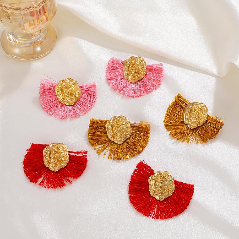 Ins fan-shaped tassel earrings female Bohemian ethnic exaggerated rose geometric earrings temperament