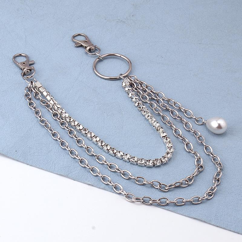 ins multi-layer pants chain accessories metal hip-hop jumping jeans inlaid diamond claw chain hanging chain pearl pendant accessories