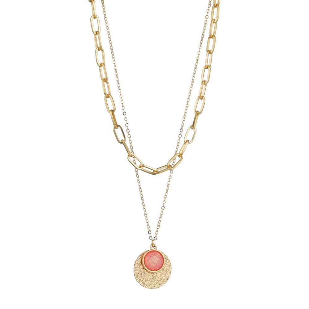 Fashion Round Alloy Resin Bezel Diamond Pendant Necklace Retro Square Line Double Layer Necklace Accessories