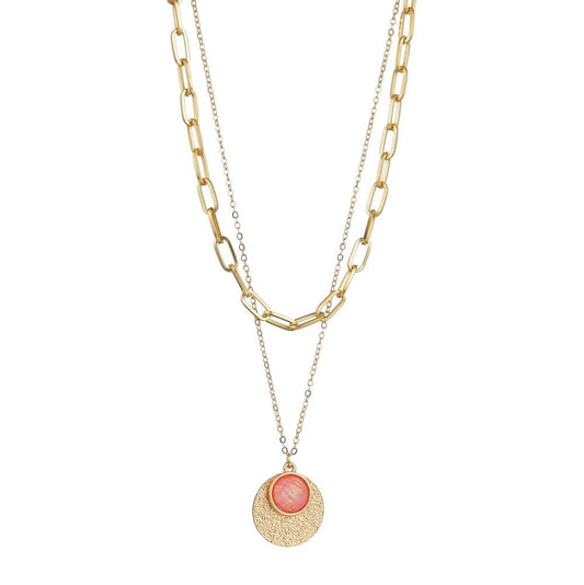 Fashion Round Alloy Resin Bezel Diamond Pendant Necklace Retro Square Line Double Layer Necklace Accessories