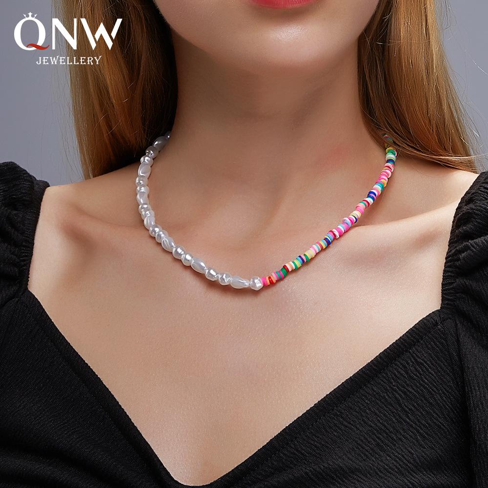 Bohemian colored soft pottery necklace natural pearl clavicle chain national personality color contrast collar