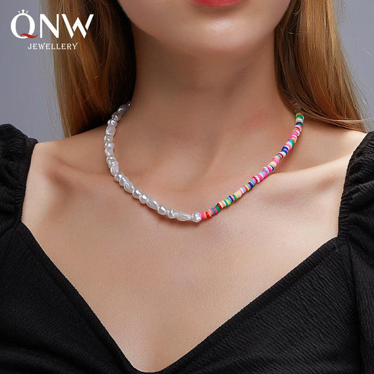 Bohemian colored soft pottery necklace natural pearl clavicle chain national personality color contrast collar