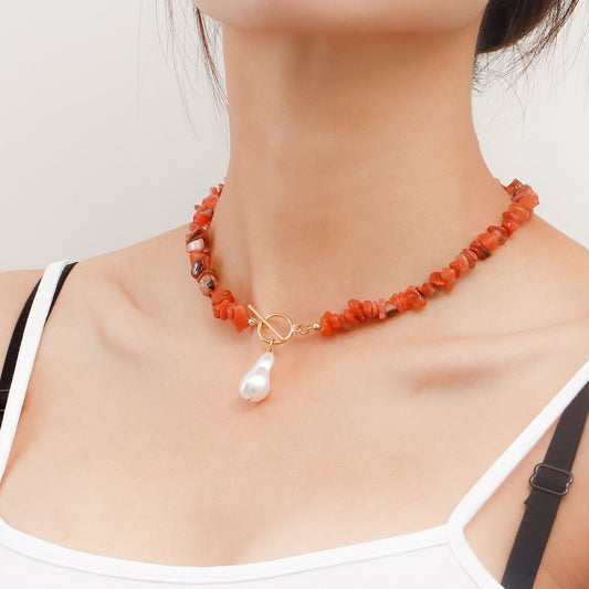 Jewelry Large Shaped Pearl OT Buckle Necklace Femininity Simple Fashion Flame Red Turquoise Necklace