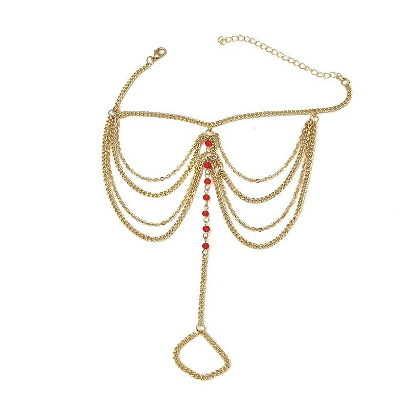 Beach temperament imitation crystal multi-layer tassel chain foot decoration national bride finger metal anklet