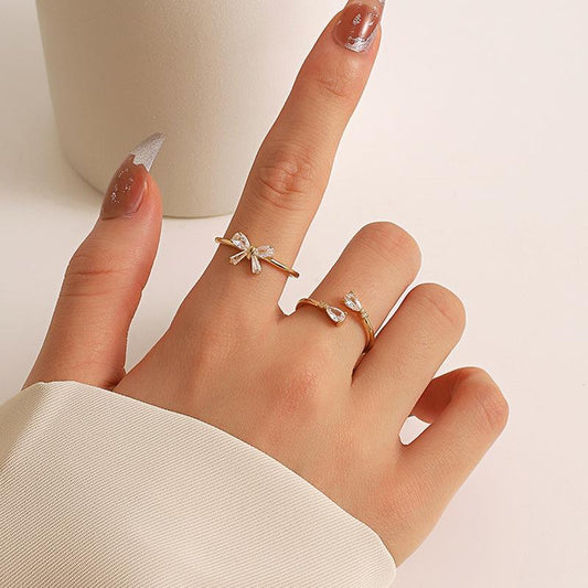 ins simple water drop zircon open ring fashion light luxury niche design crystal bow index finger ring