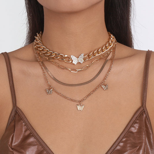 N1448 Punk hip-hop mix-and-match necklace exaggerated multi-layered necklace with butterfly micro-inlaid heavy industry necklace