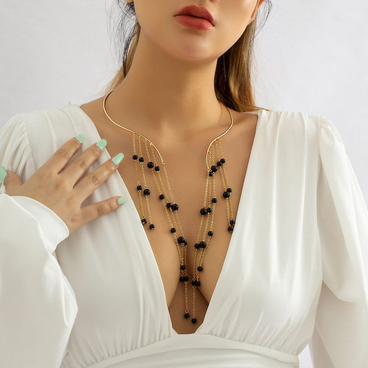 Jewelry personality cold imitation pearl pendant collar female opening long multi-layer tassel necklace