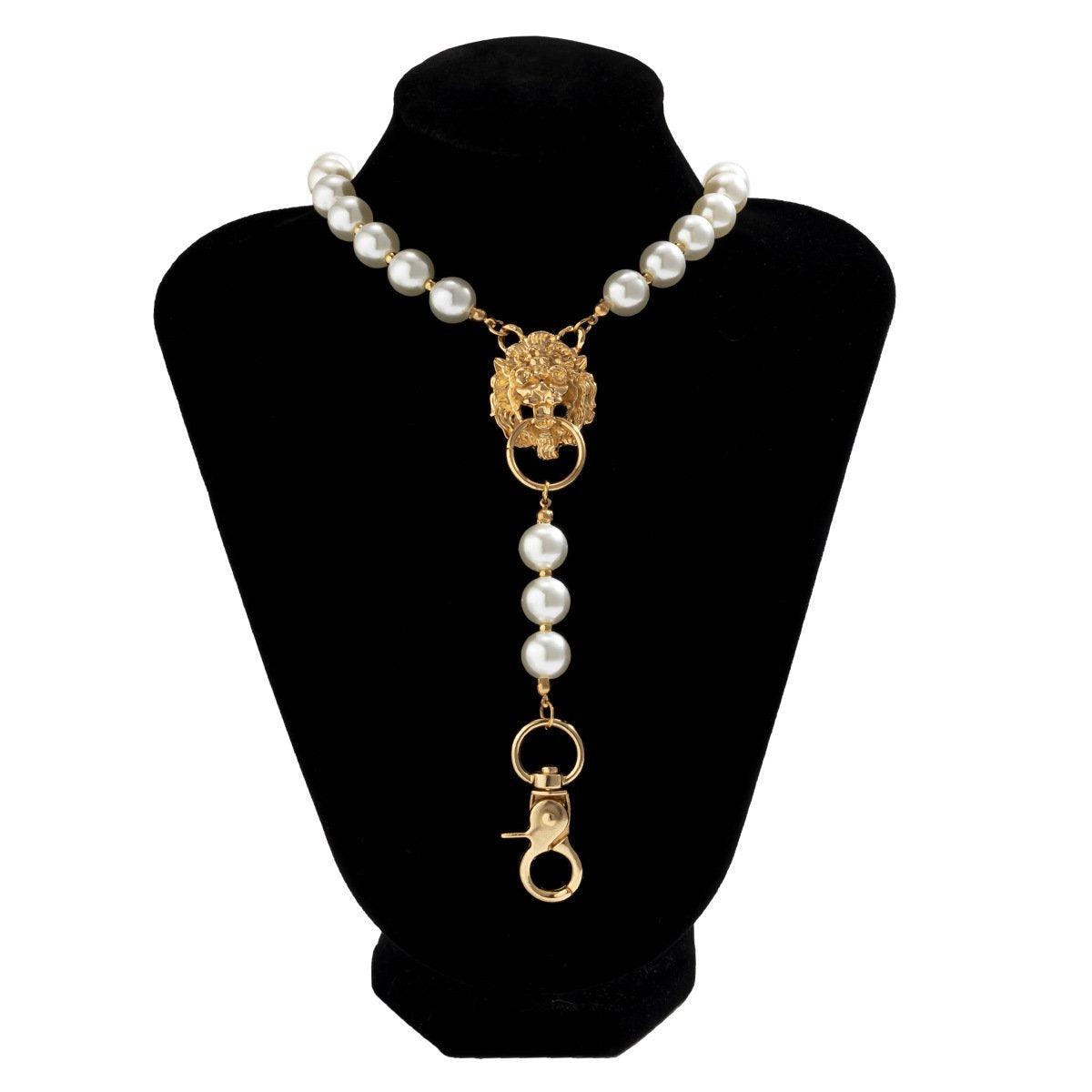 Temperament exaggerated imitation pearl lion head necklace female punk retro keychain Y-shaped tassel necklace