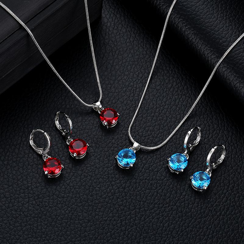 Fashion Temperament Jewelry Necklace Earrings Two-Piece Set Round Multicolor Zircon Pendant Set