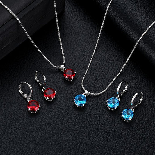 Fashion Temperament Jewelry Necklace Earrings Two-Piece Set Round Multicolor Zircon Pendant Set