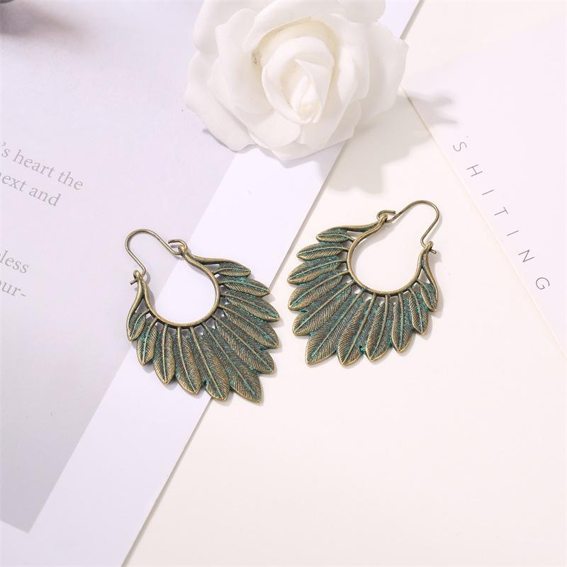 Old bronze leaf earrings ins fashion personality ethnic metal feather earrings