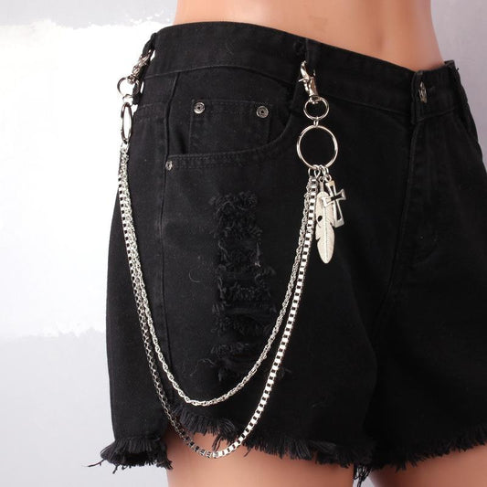 ins Harajuku personality street jumping di cross feather pendant waist chain versatile double-layer waist chain men and women the same style