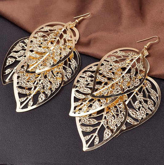 Multi-level Hollow Leaf Metal Earrings Temperament Ladies Party Earrings