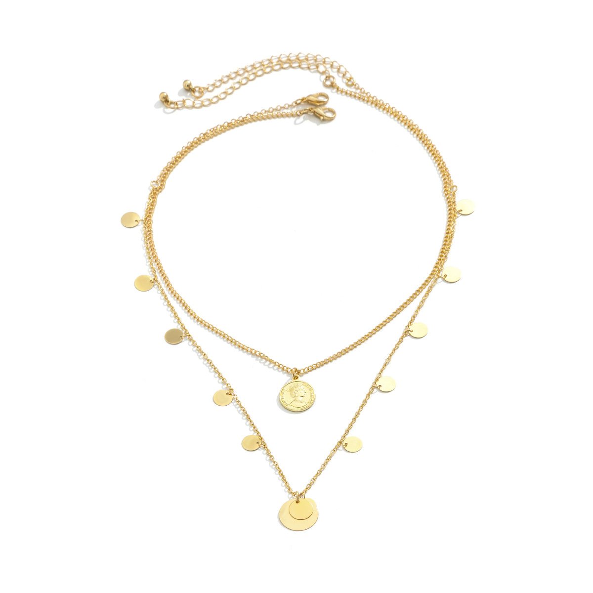 Jewelry Simple Metal Three-dimensional Geometric Necklace Retro Portrait Sequin Tassel Double Layer Necklace Female