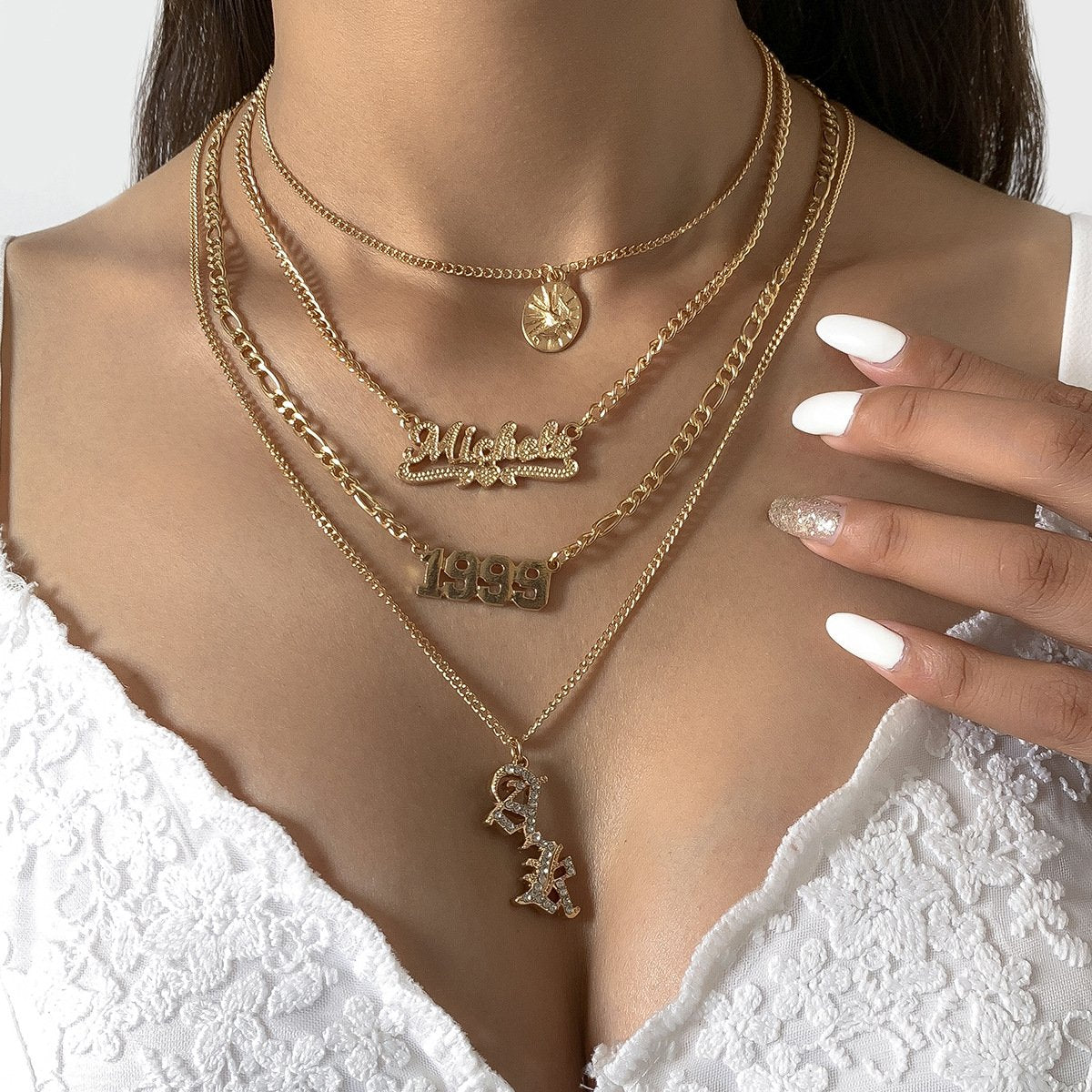Metal Round Number Pendant Necklace Hip Hop Retro Diamond-studded Alphabet Clavicle Chain Necklace