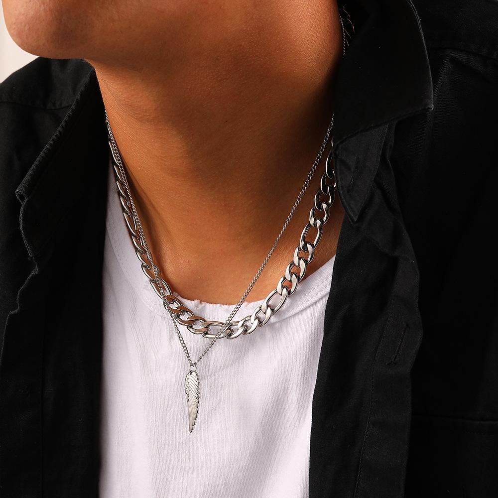 Fashion Men Domineering Trend Cool Simple Stainless Steel Double Chain Wings Pendant Necklace Street