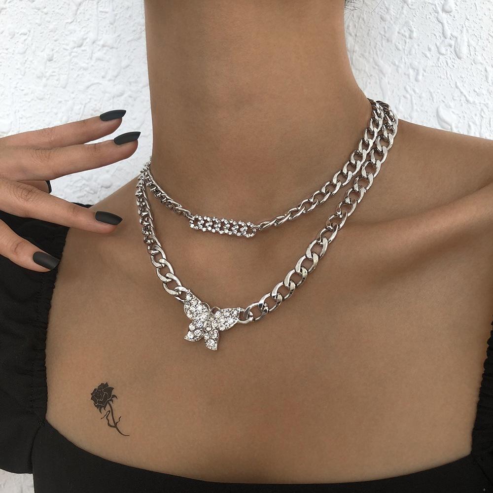N8917 Double-layer trendy money ornament full diamond butterfly Cuban chain necklace exaggerated temperament geometric chain necklace