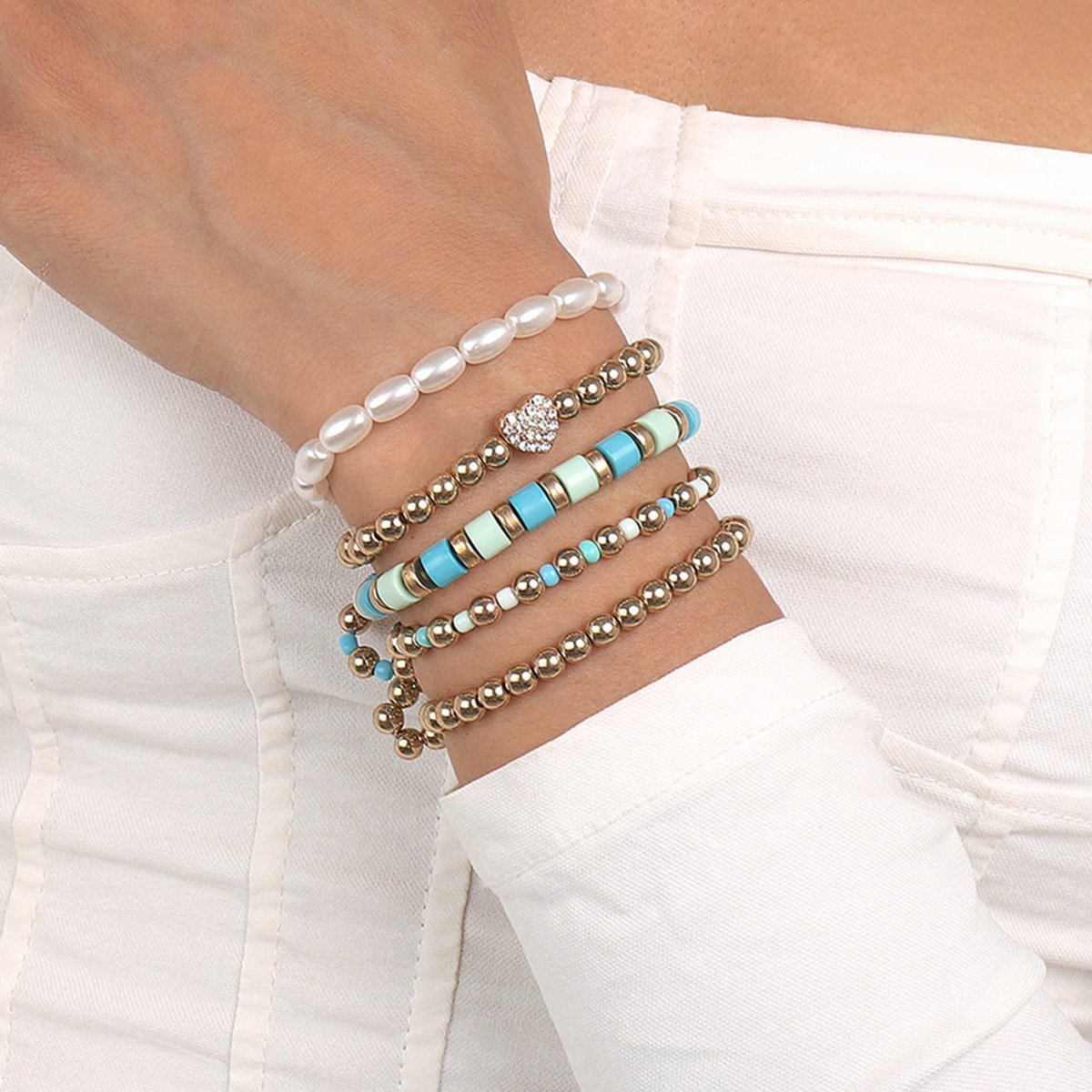 B1965 Ethnic Simple Fashion Colorful Beaded Bracelet Heart Rhinestone CCB Pearl Contrasting Color Elastic Bracelet