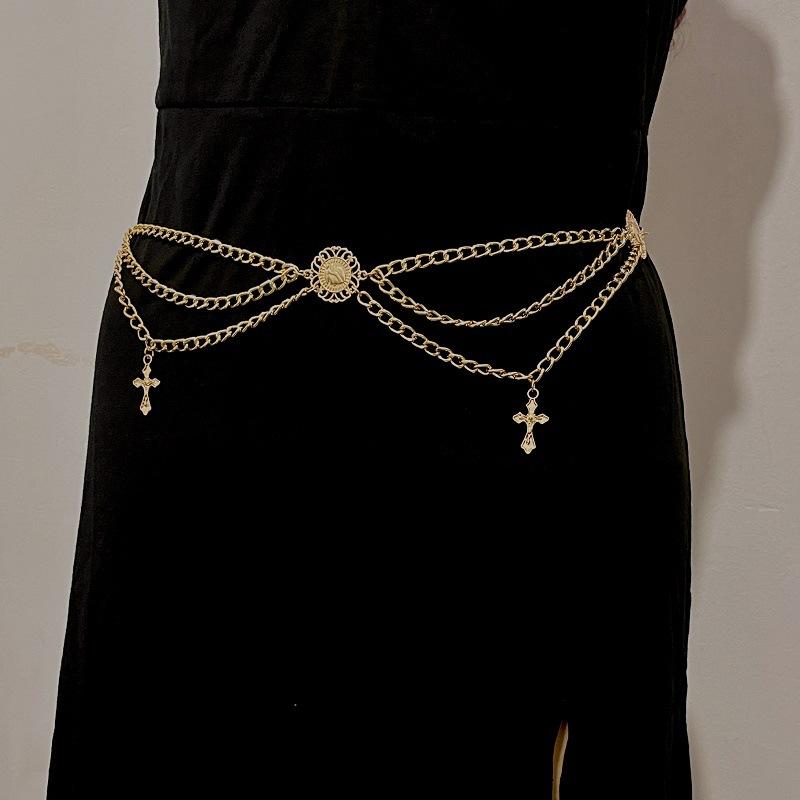 Retro geometric flower plate cross waist chain personality metal cross sexy tassel waist chain female