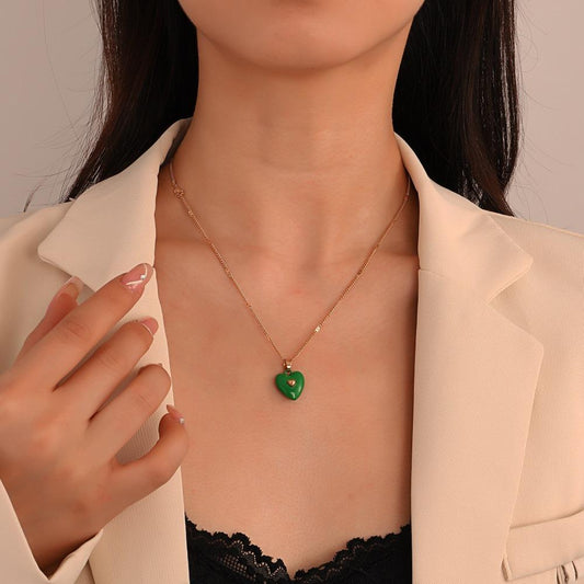 Fashion enamel dripping oil double love necklace French light luxury inlaid peach heart pendant clavicle chain simple necklace