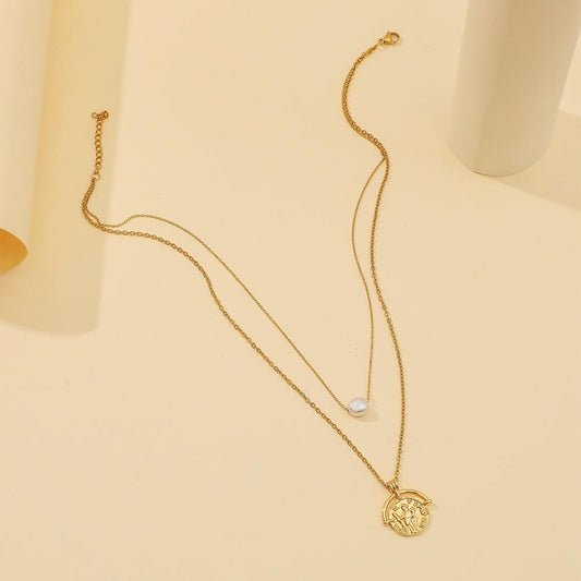 ins stainless steel real gold necklace creative ancient Roman letters coins wild pearl double layer necklace