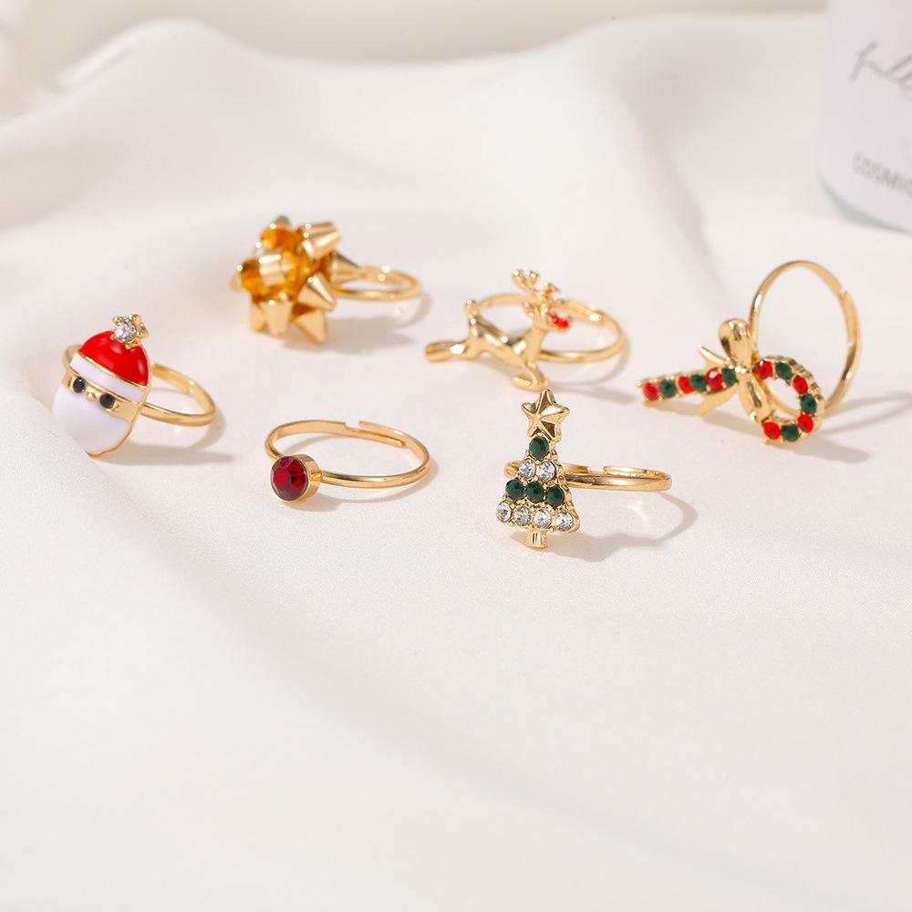 Christmas Ornaments Cute Cartoon Elk Christmas Tree Ring 6-Piece Set Drip Oil Opening Adjustable Ring Jewelry