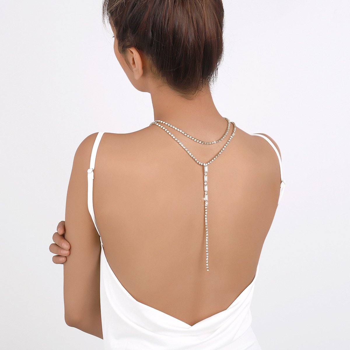 N9872 Fashion Versatile Y-shaped Necklace Simple Temperament Full Diamond Back Chain Super Flash Light Luxury Double Layer Necklace Women
