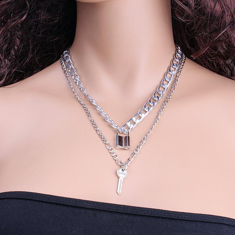 Punk exaggerated thick chain double-layer necklace hip-hop street photography lock key metal pendant necklace