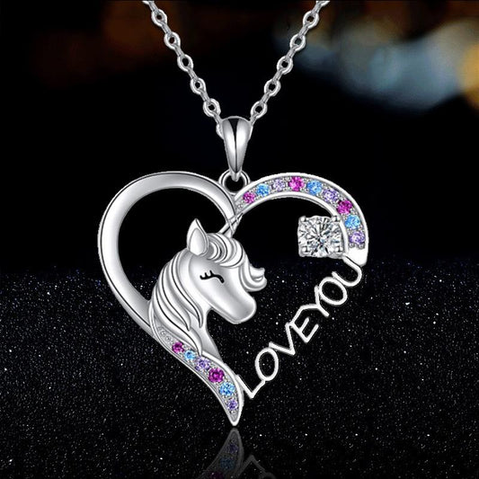Love-shaped Unicorn Children's Pendant Necklace Female Cartoon Animal Rainbow Horse Ornament Gift