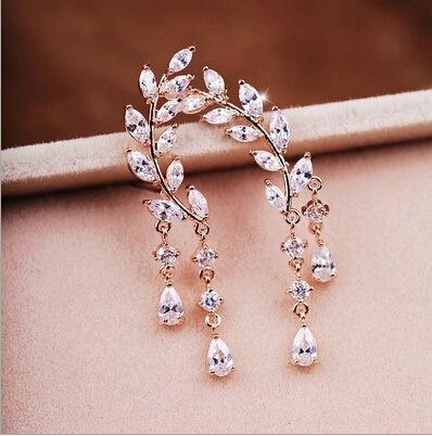 Fashionable Leaf Tassel Earrings Simple Zircon Stud Earrings Alloy Jewelry