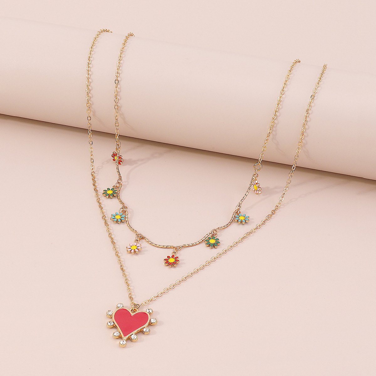 N1152 Small fresh folded collarbone necklace dripping oil love flower micro-inlaid niche fashion necklace for women