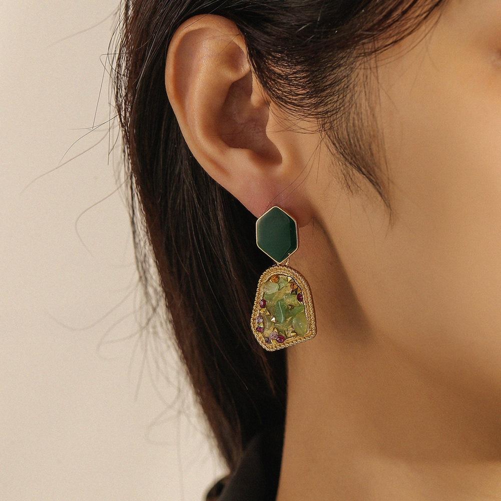 Ins geometric fashion hollow heart gravel earrings retro original stone drop oil earrings stone ear jewelry female