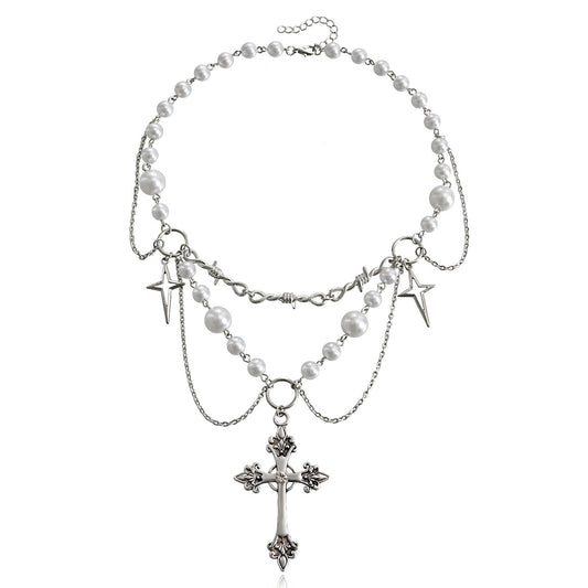 Jewelry niche design double-layer highlight pearl tassel cross star cross necklace female all-match