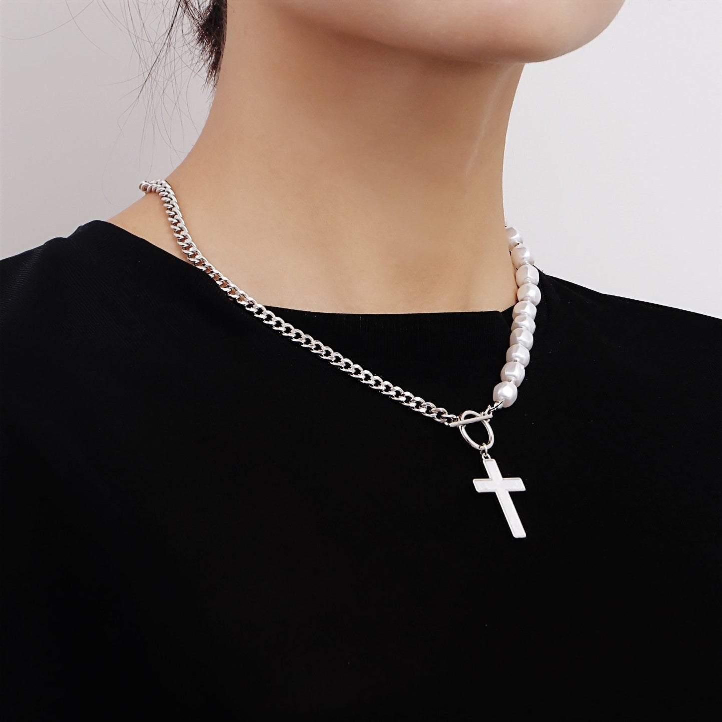 Jewelry Stitching Chain Mix and Match Beaded Imitation Pearl Necklace Cross Fritillary Pendant Necklace Light Luxury