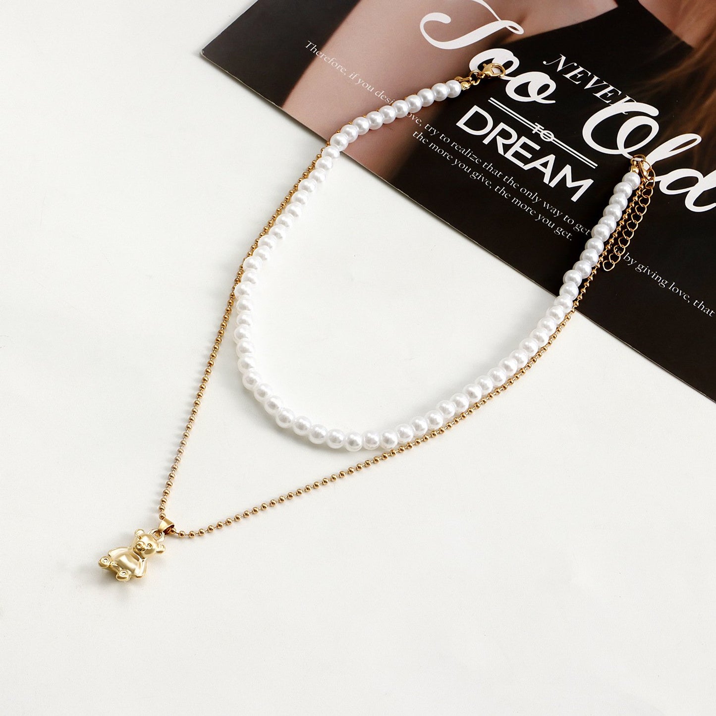 Jewelry Double Beaded Imitation Pearl Bear Pendant Necklace Women