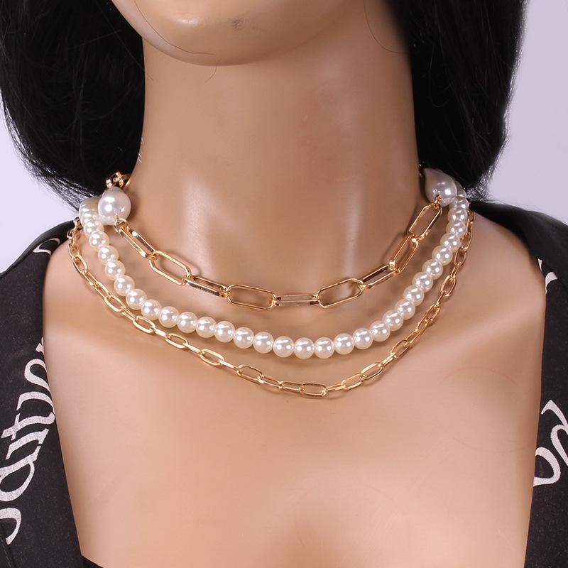 Fashionable retro multi-layer socket whip chain necklace trend multi-layer heterosexual pearl necklace three-piece set