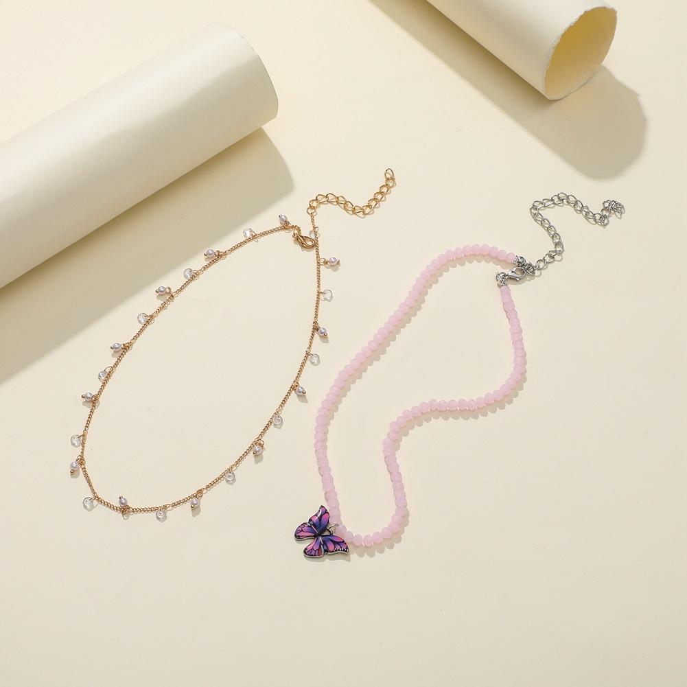 ins simple small round bead clavicle necklace fashion crystal bead glaze butterfly pendant double stacked necklace