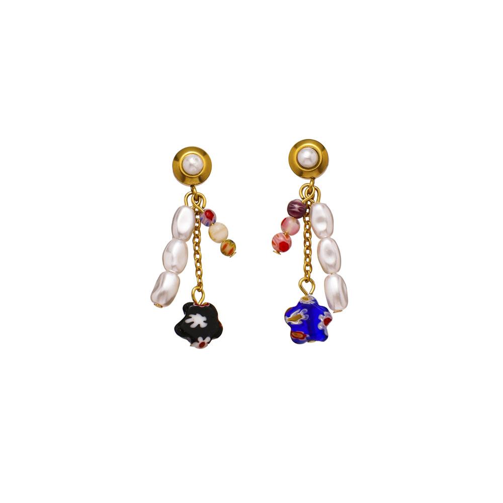 Fashion stainless steel special-shaped baroque imitation pearl mixed color glass flower earrings titanium steel elegant trendy earrings