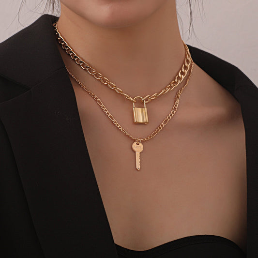Jewelry Fashion Exaggerated Geometric Lock Pendant Necklace Female Aluminum Chain Key Personality Double Layer Necklace