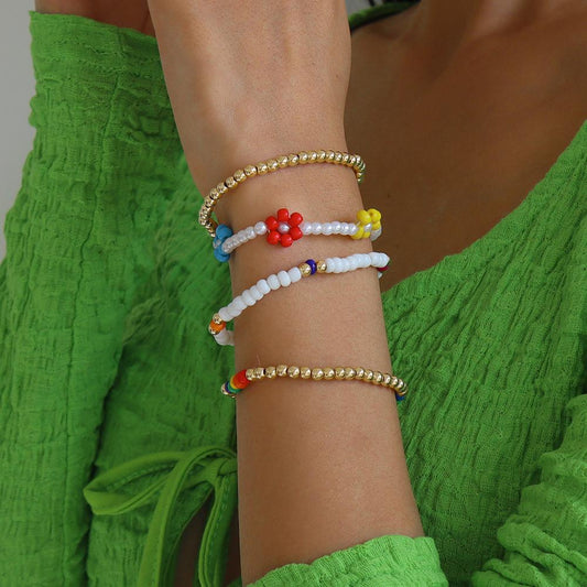 B1622 Jewelry Bohemian Color Rice Bead Bracelet Little Daisy Stretch Braided Jewelry for Women