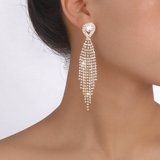 E1536 Jewelry Exaggerated Temperament Tassel Rhinestone Earrings Water Drop Drill Niche Cold Earrings