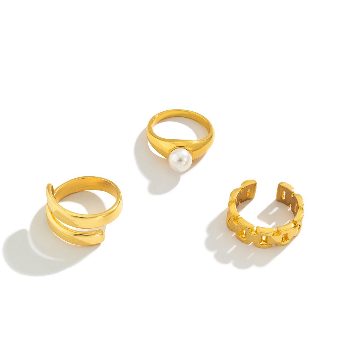 Simple glossy pearl inlaid all-match ring metal strap chain opening adjustable ring