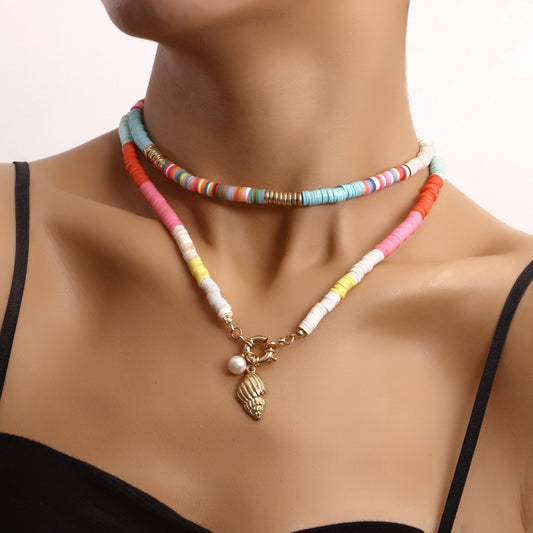 Jewelry double-layer colored soft pottery pearl scallop pendant necklace female ocean style trendy money jewelry