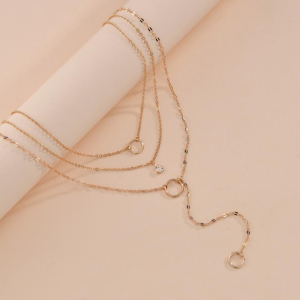 Fashion Simple Round Iron Ring Drill Pendant Necklace Multilayer Chain Necklace Clavicle Chain Accessories