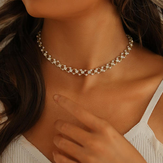 Trendy sweet simple circle zircon pearl necklace bracelet simple clavicle chain bracelet jewelry