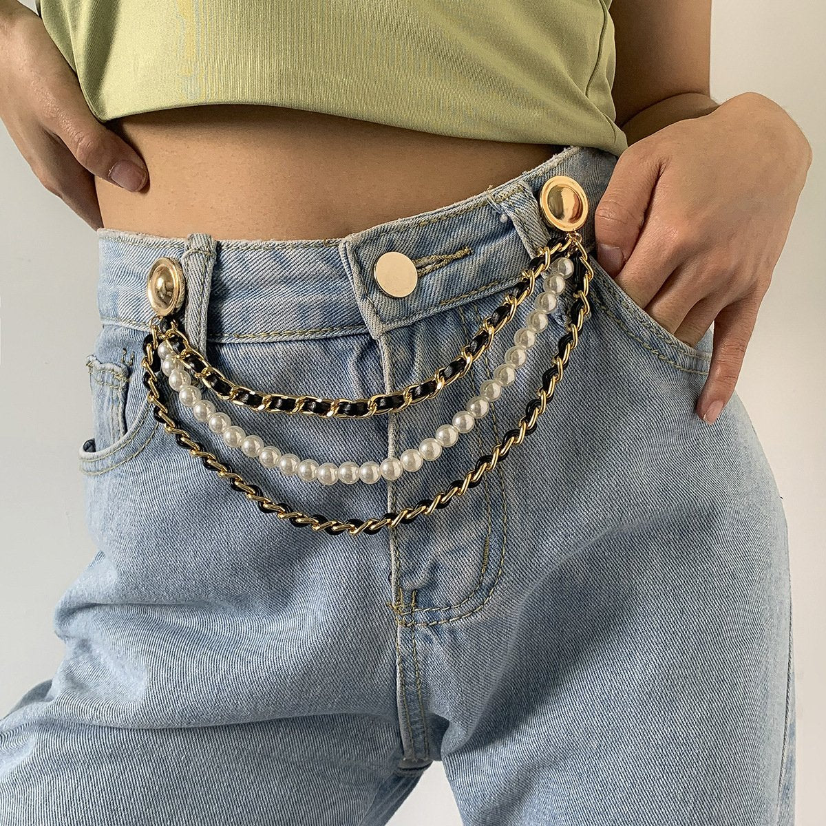 Jewelry temperament small velvet chain imitation pearl waist chain retro personality jeans accessories