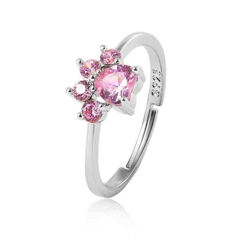 Cute Cartoon Opening Adjustable Cat Claw Cat Footprint Zircon Ring Female Electroplated Silver Animal Copper Jewelry