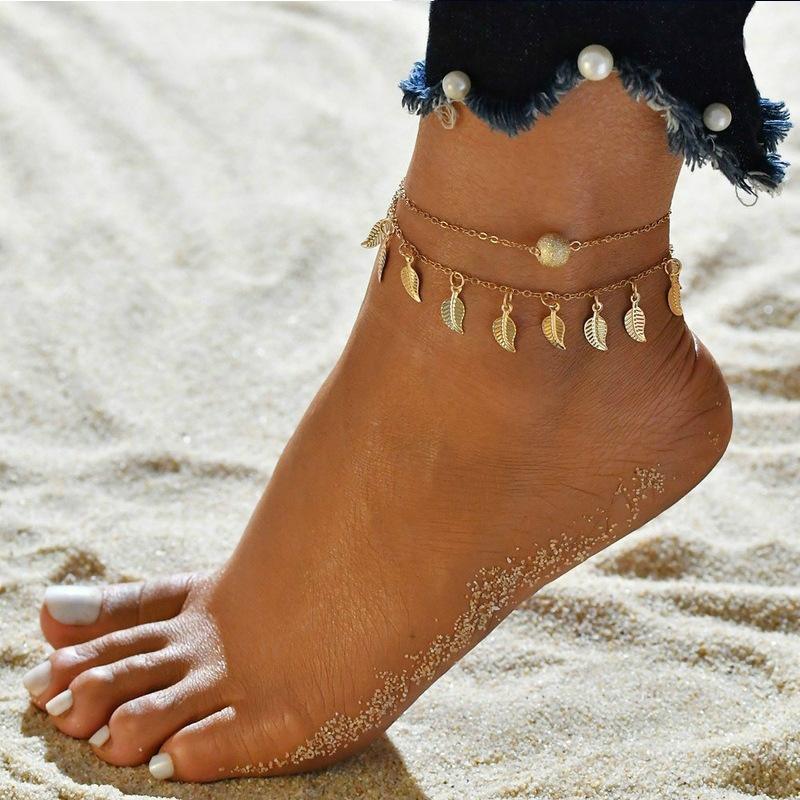 Summer beach multi-layer zircon leaves eight-character pearl anklet sun moon star pattern jewelry