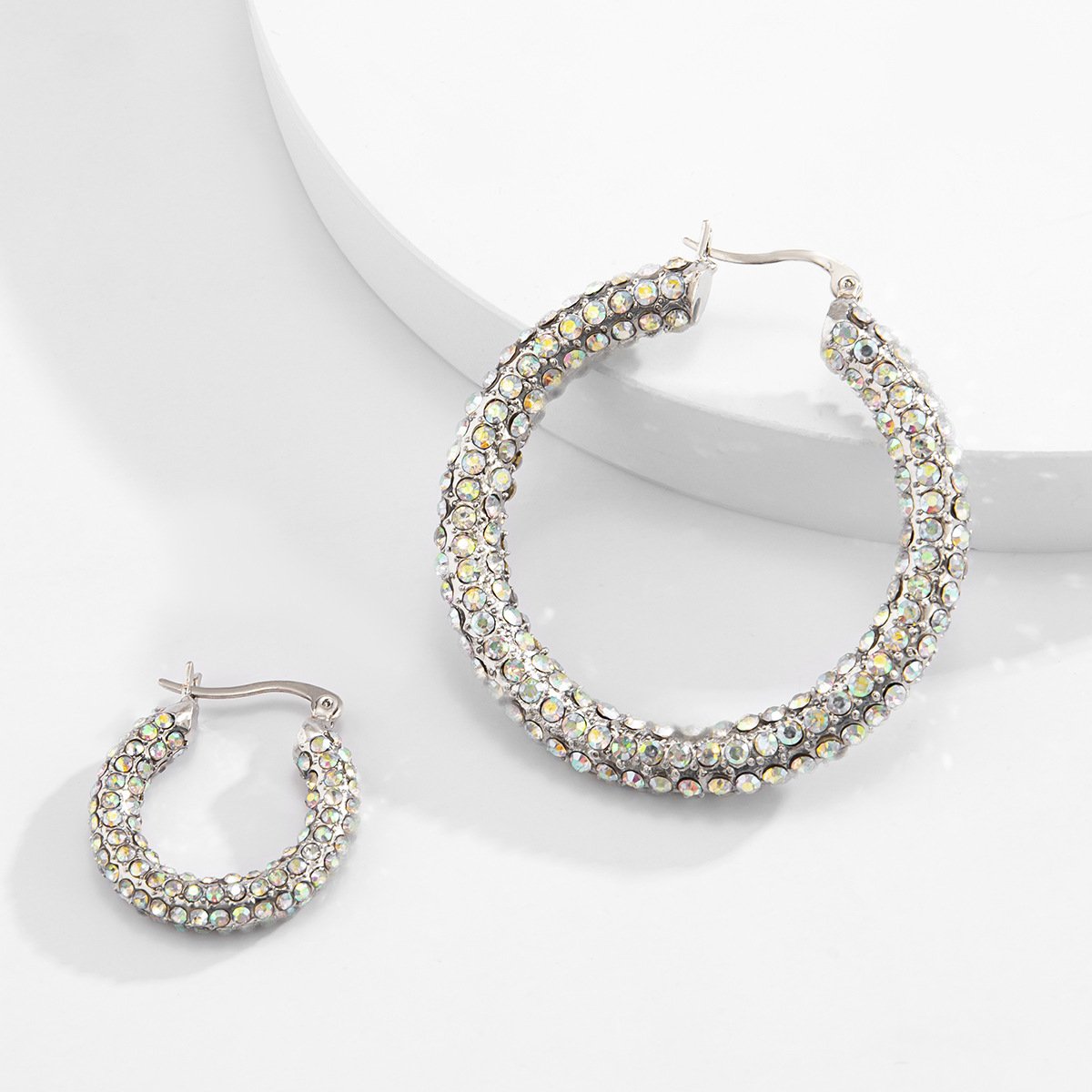 Jewelry fashion light luxury C-shaped full-diamond set earrings temperament all-match inlaid colored diamond geometric earrings